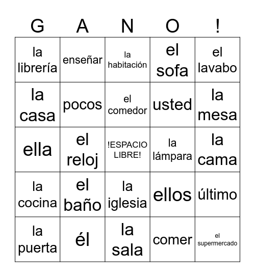 Spanish 1 Vocab 2A Bingo Card