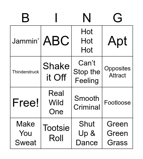 Songs Sarah has Performed Routines To Bingo Card
