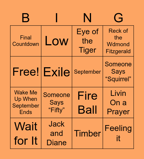 Sarah’s Personal Anthems Bingo Card
