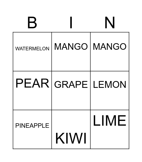 FOOD Bingo Card