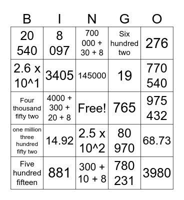 Place Value Bingo Card