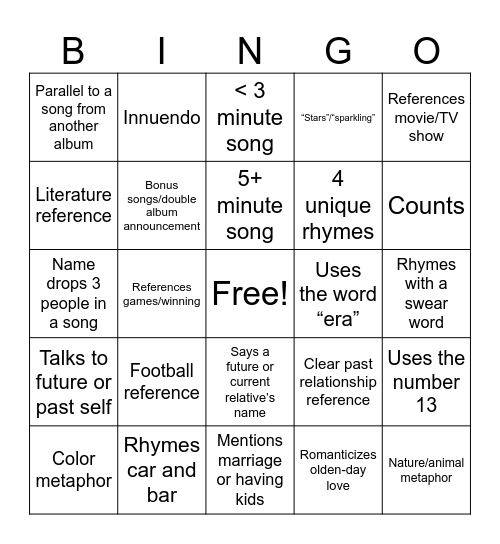 The Life of a Showgirl Bingo Card