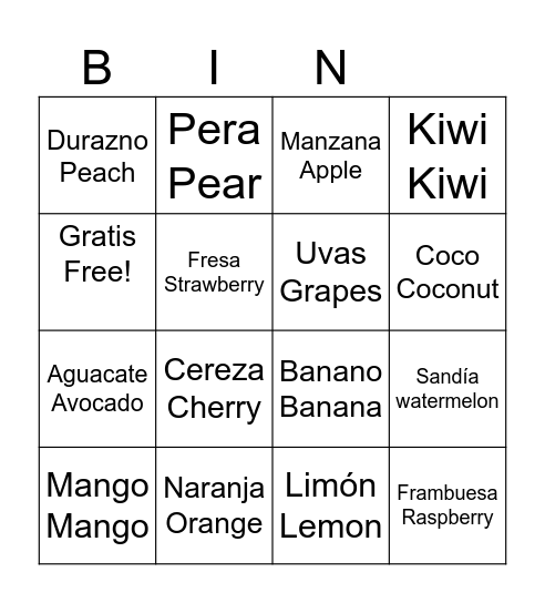 Las frutas Bingo Card
