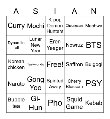 ASIAN HERITAGE BINGO Card
