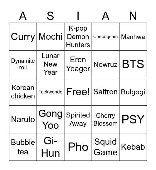 ASIAN HERITAGE BINGO Card