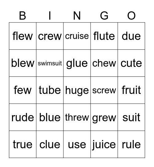 ue, ew, ui Bingo Card