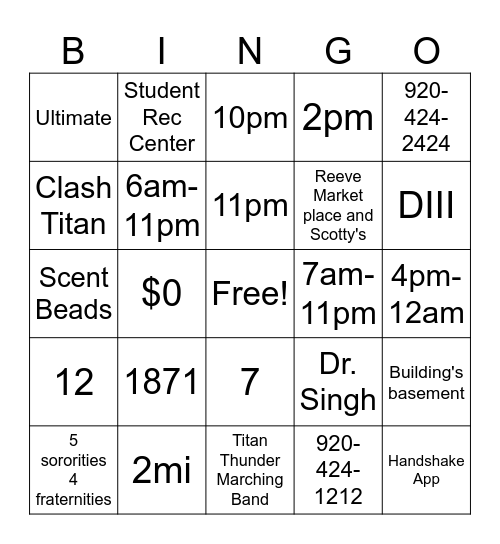UWO BINGO Card