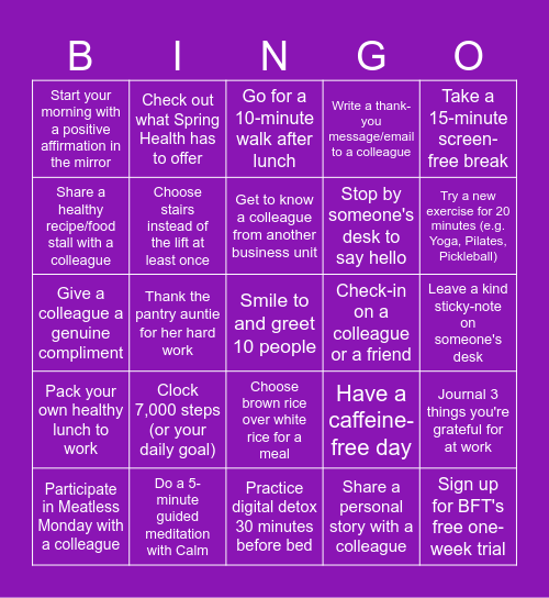 Wellness Bingo Challenge Bingo Card