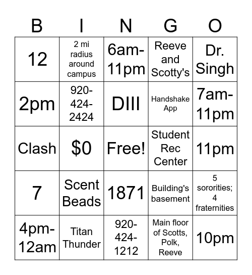 UWO Bingo Card