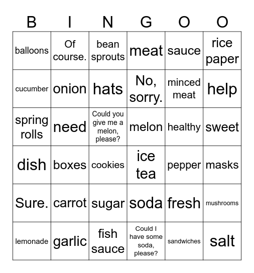 Unit 3: Could you give me a melon, please? Bingo Card