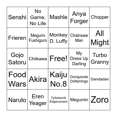 Anime Bingo Card