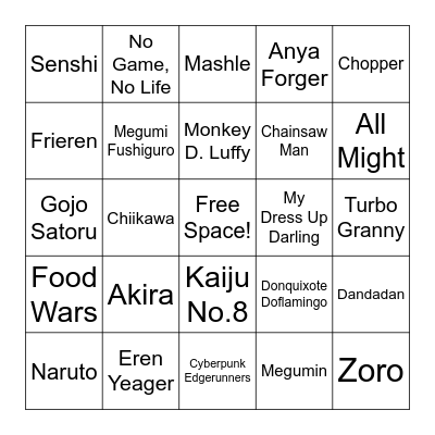 Anime Bingo Card