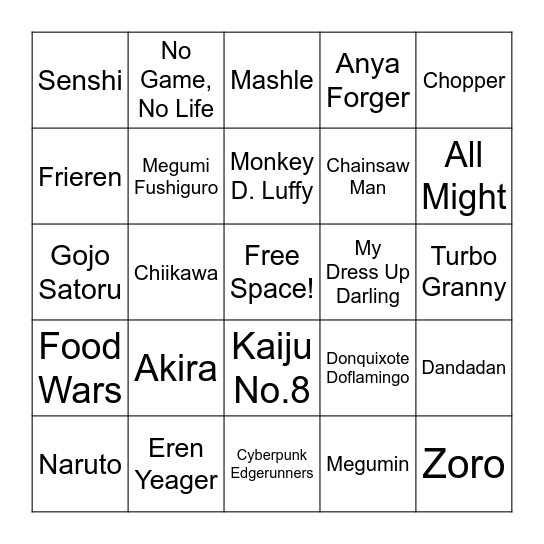 Anime Bingo Card