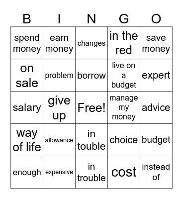 Money Vocabulary Bingo Card
