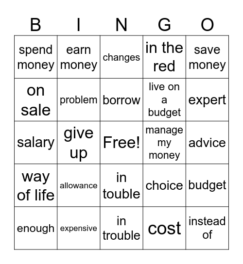Money Vocabulary Bingo Card