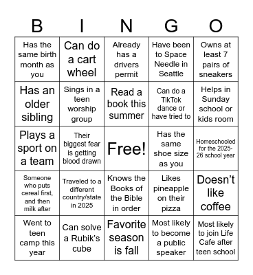 Back to Teen School Shuffle Bingo Card