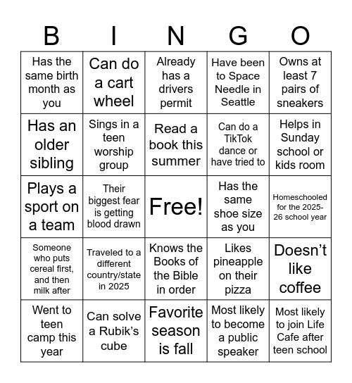 Back to Teen School Shuffle Bingo Card