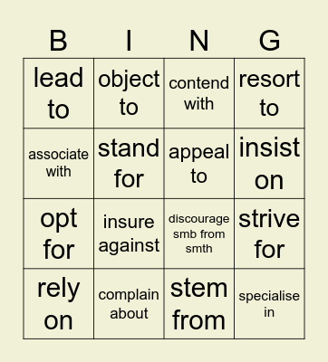 Verbs with dependent prepositions Bingo Card