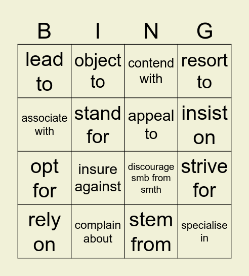Verbs with dependent prepositions Bingo Card