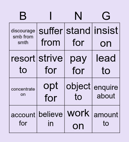 Verbs with dependent prepositions Bingo Card