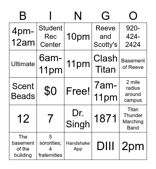 UWO Bingo Card