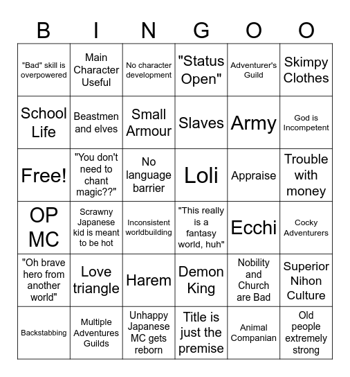 Isekai Bingo Card
