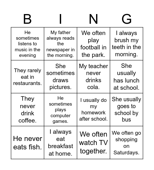 Adverbs of Frequency Bingo Card