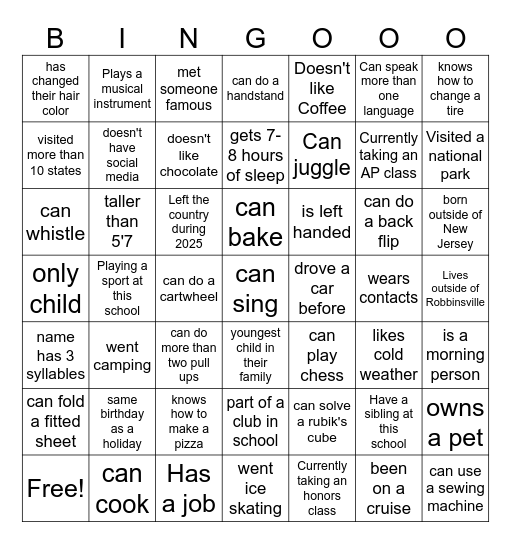 Class Bingo Card