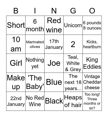 Tamsyn's Baby Bingo Card