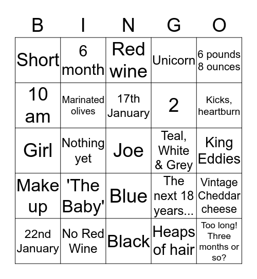 Tamsyn's Baby Bingo Card