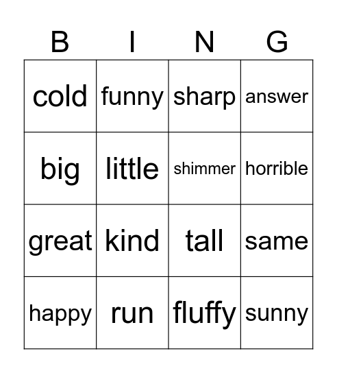 Synonym Bingo Card