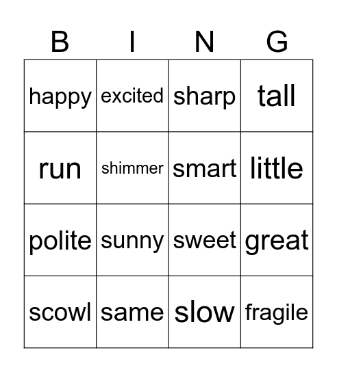 Synonym Bingo Card