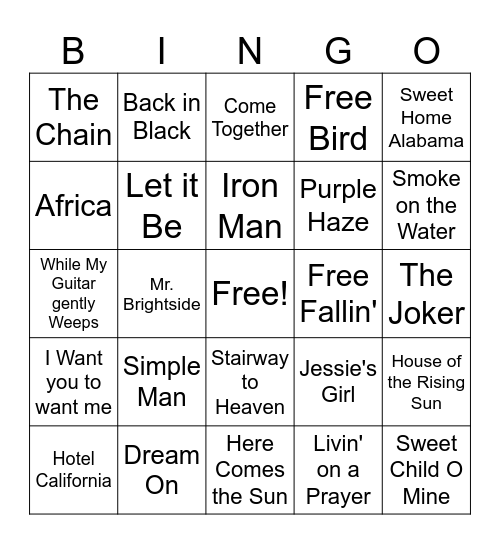 Guitar Bingo Card