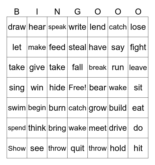 irregular verbs Bingo Card