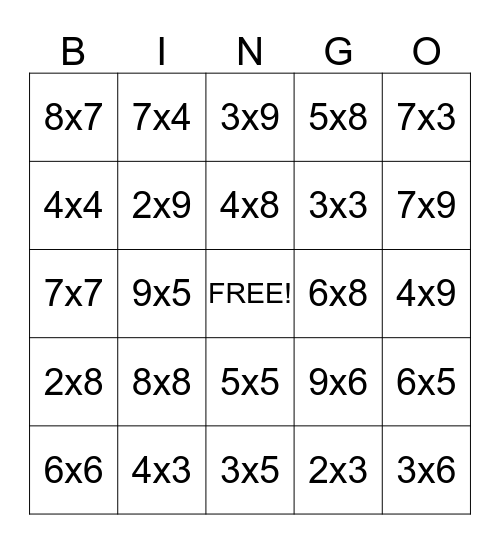 Multiplication Bingo Card