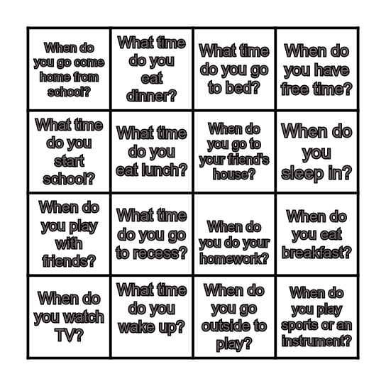 Time of  Day Bingo Card