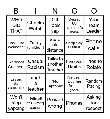 Old Relief Teacher Bingo Card