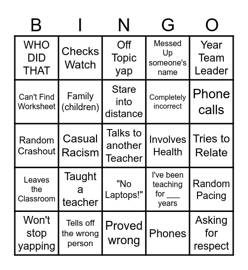 Old Relief Teacher Bingo Card