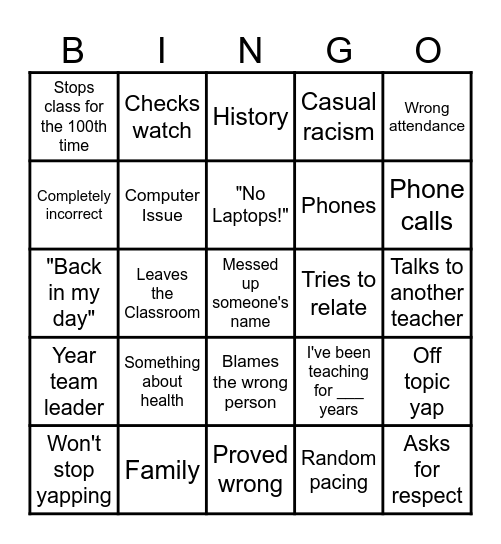 Old Relief Teacher Bingo Card