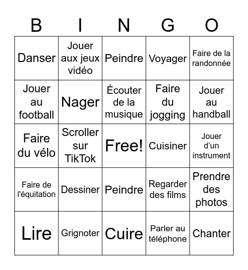 Les loisirs Bingo Card