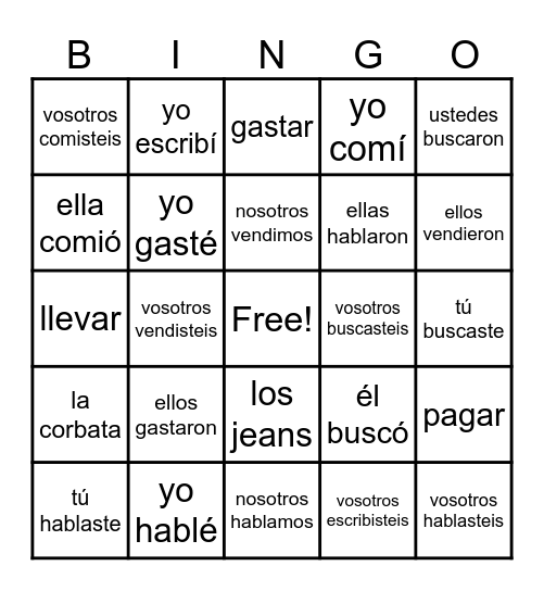 S1L6 Preterite & Vocab Bingo Card