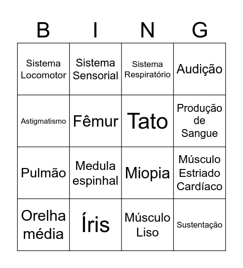 Bingo Revisão Sistemas do Corpo Humano Bingo Card