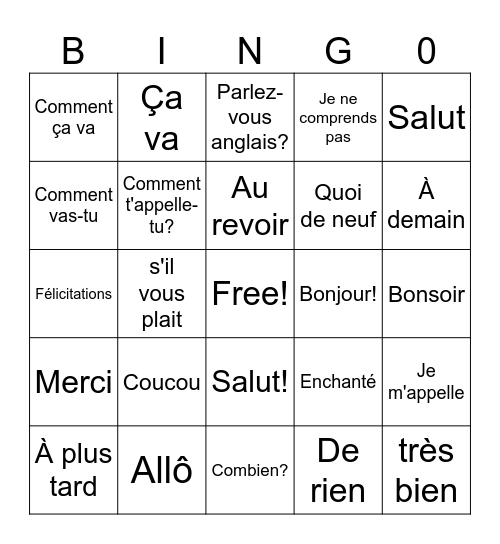 French greetings Bingo Card