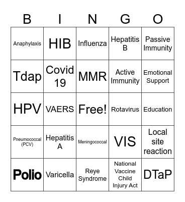 Pediatric Immunizations Bingo Card