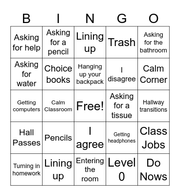Routines and Procedures Bingo! Bingo Card
