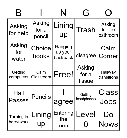 Routines and Procedures Bingo! Bingo Card