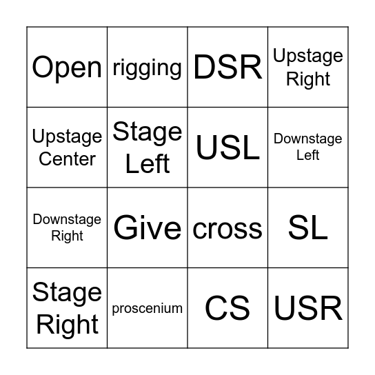 Stage Directions Bingo Card