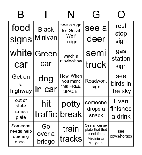Roadtrip Bingo Card