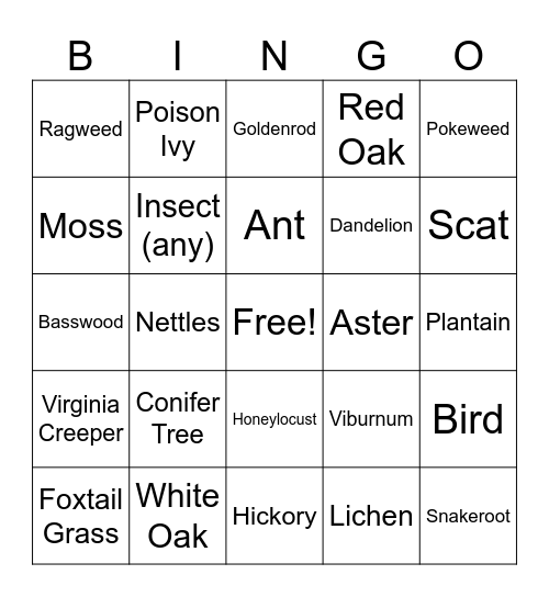 Fall Flora and Fauna Bingo Card