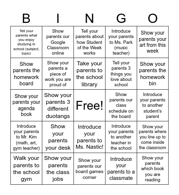 Meet the Teacher Night Bingo! Bingo Card